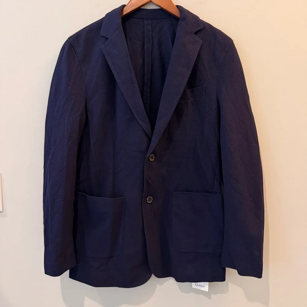 Quince Cotton Pique‎ Knit Blazer Lightweight Breathable Date Office Navy Med NWT